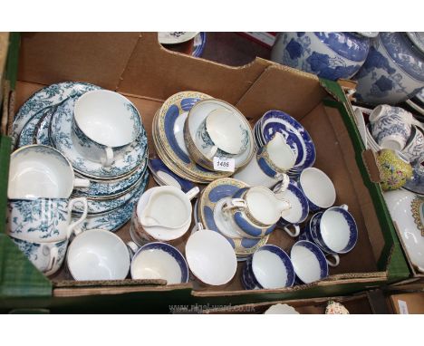 A quantity of china part teasets including Fenton pottery, blue and white Willow pattern cups and saucers, Grosvenor china, e