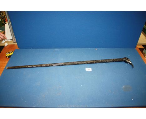 A Victorian carved ebony walking Stick with elephant head handle, (one tusk missing).