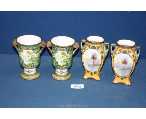 Two small pairs of Noritake vases in green and yellow with panels of lakeside scenes, 5'' and 5 1/4'' tall respectively.