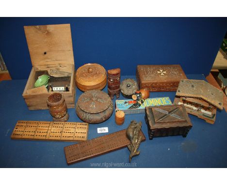 A quantity of Treen including boxes, cribbage boards, lidded pots, mini barrels, dolls house furniture etc, some a/f.