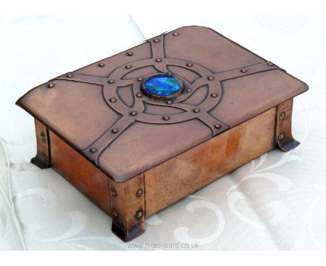 An Arts &amp; Crafts Liberty style copper and enamel lidded Box with wood lining, circa 1910 by A.E. Jones (supplier to Liber