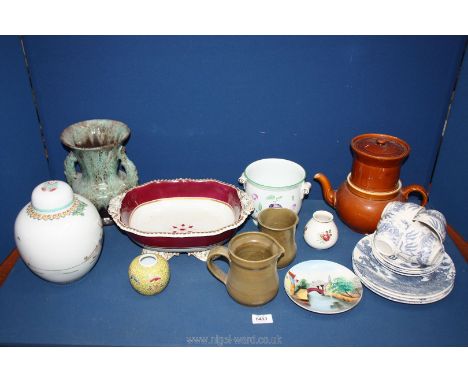 A quantity of china including Crown Devon bud vase, willow pattern cups and saucers, Studio Pottery, 1950's oriental ginger j