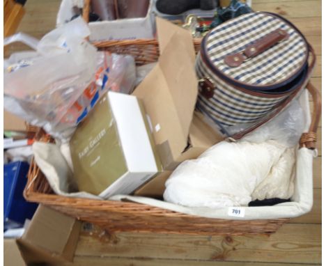 A large laundry basket containing quantity of assorted items including tools, clothing, textiles, etc.