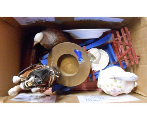 A box containing a quantity of ceramic, glass and other collectable items including Capodimonte grouse figurine, horse and ca