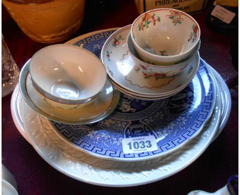 A small selection of ceramic items including an 18th Century Chinese tea bowl and saucer, similar New Hall example, etc.