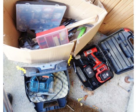 A box containing a quantity of power tools, tools and ironmongery including drill, saws, vice, etc.
