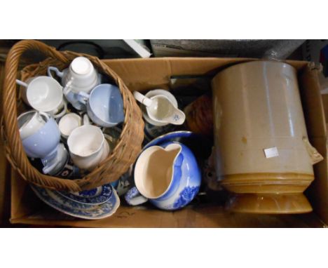 A box containing a quantity of assorted ceramic items including Staffordshire comforter spaniel, SylvaC, blue and white china