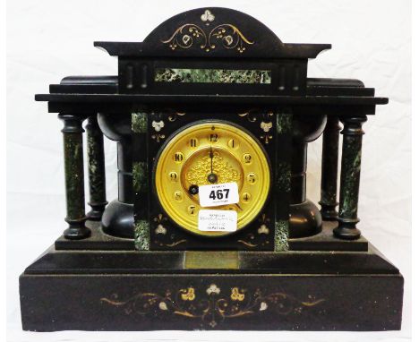 A late Victorian black slate and marble cased mantle clock of architectural design, with gilt dial and Mougin eight day gong 