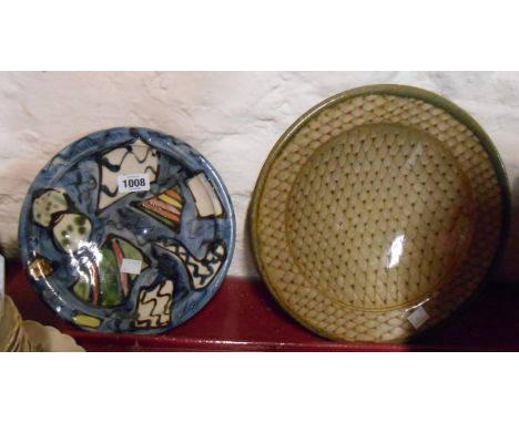 An A&amp;J Young Studio Pottery dish with fish scale decoration - sold with another studio pottery dish with abstract painted