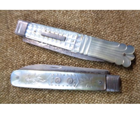 A William IV period silver bladed pen knife with decorative carved mother-of-pearl handle - sold with a similar Georgian exam