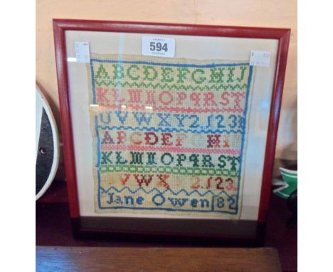 A late 19th Century small embroidery alphabet sampler named for Jane Owen '82