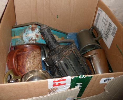 A box containing a quantity of assorted metalware including tankards, carriage lamp, etc.
