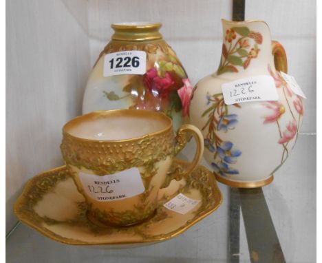 A Royal Worcester vase of lobed form decorated with hand painted roses with gilt highlighting (lid missing) - sold with a sim