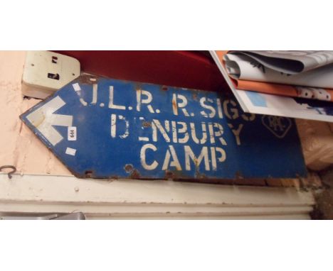 A 1950's RAC enamel road sign with painted writing for the Junior Leaders Regiment Royal Signals Denbury Camp