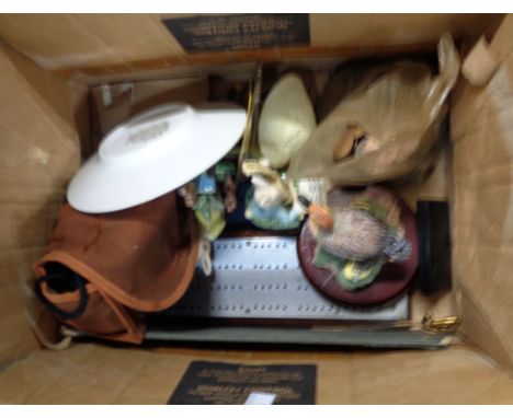 A box containing a quantity of collectable items including aluminium and wood cribbage board, AA Badge, etc.