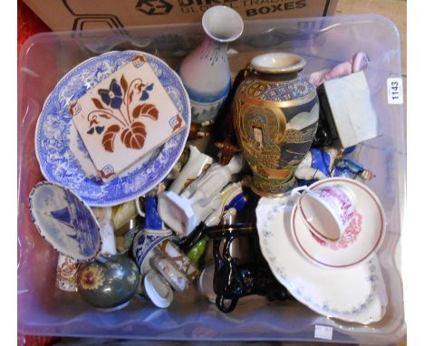 A plastic crate containing a quantity of assorted ceramic items including Japanese, Staffordshire, etc.