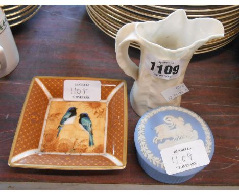 A Royal Worcester leaf form jug with white glaze - sold with a Wedgwood Jasper ware trinket box and Royal Worcester Koyto dis