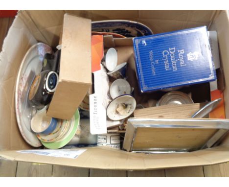 A box containing a quantity of ceramic and other collectable items including Royal Doulton decanter, picture frame, blue and 