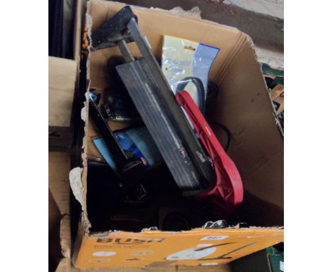 A box containing a Black &amp; Decker sander, tile cutter and assorted tools and decorating equipment