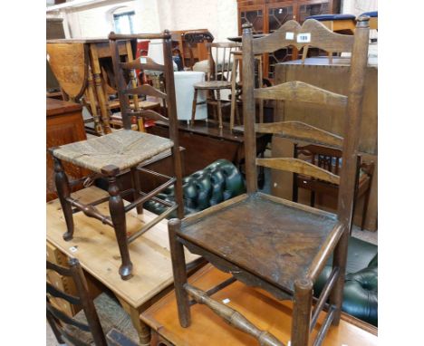 Three antique oak framed standard chairs of varying design including two with solid seat panels - sold with an antique ladder