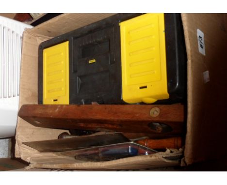 A box containing a quantity of antique and later tools including a Stanley toolbox, etc.