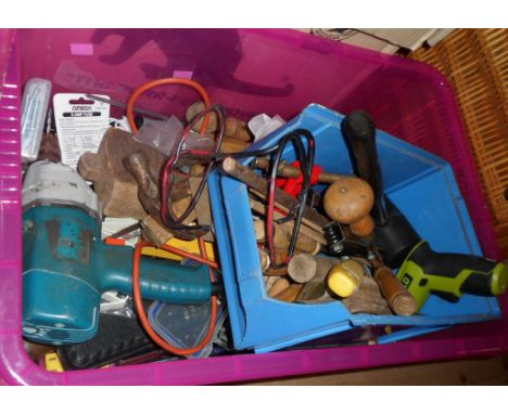 A box containing a quantity of wood working and other tools including chisels, Black &amp; Decker drill, etc.