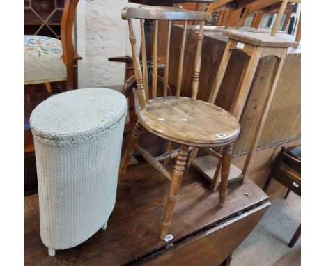 An early 20th Century continental stick back chair - sold with a later painted loom style laundry basket and an oak jardinier