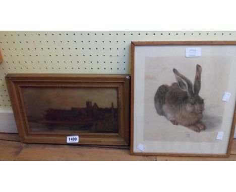 A small gilt framed antique oil on card, depicting a townscape - sold with an old master reprint of a seated hare after Albre