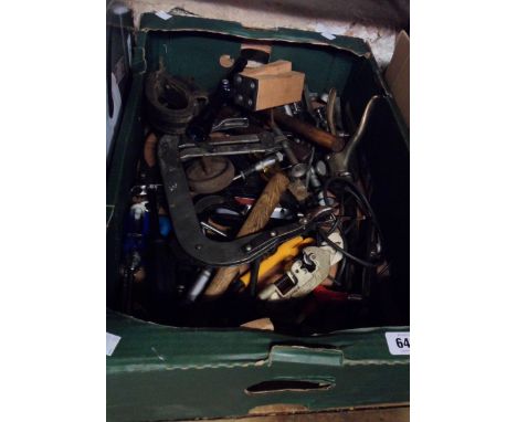 A box containing a quantity of assorted wood working and other tools including clamp, hammers, glue gun, etc.