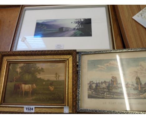 A selection of framed coloured prints - various subjects including oleograph style image of cattle