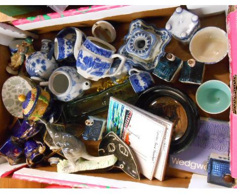 A box containing a quantity of ceramic and other collectable items including framed pot lid, blue and white, etc.
