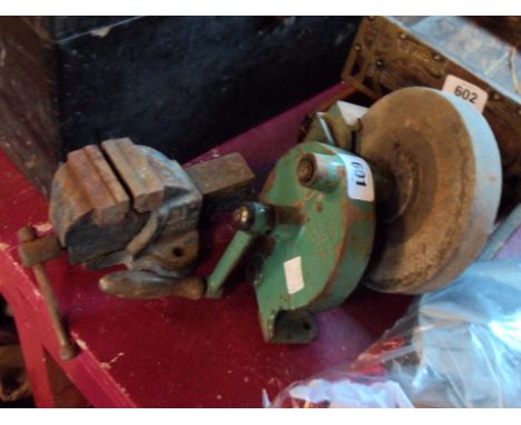 A small old Woden bench vice - sold with a Fabrex knife grinder