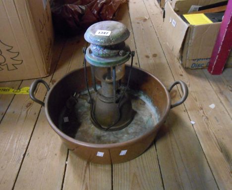 A copper preserve pan - sold with a brass and enamel Tilley lamp