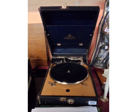 A Vintage Decca 10 Salon gramophone with blue leatherette faux ostrich skin case - sold with a selection of records