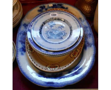 A Victorian Davenport pekin pattern flow blue meat plate - sold with another later meat plate, four blue transfer printed sou