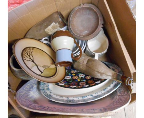 A box containing assorted ceramic items including Denby, blue and white meat plate, etc.