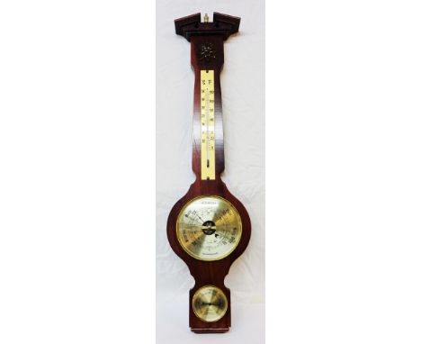 A modern stained wood cased small Weathermaster banjo barometer/thermometer with aneroid works