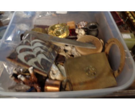 A plastic tub containing a quantity of collectable items including studio pottery tile, metalware, etc.
