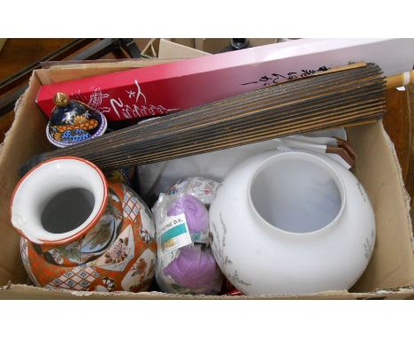 A box containing a quantity of ceramic and other collectable items including Japanese Kutani vase, opaque glass lamp base, Ja