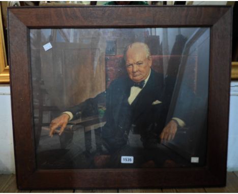 An oak framed vintage coloured print portrait of Winston Churchill - label verso with facsimile signature
