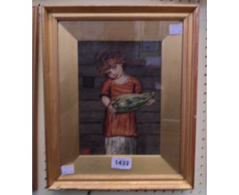 A small gilt framed and slipped watercolour portrait of a young girl holding a marrow - signed with red monogram