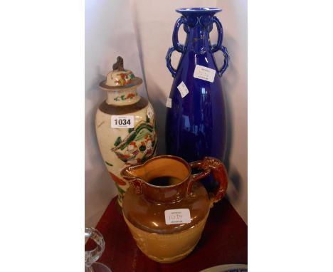 A 19th Century Chinese crackle glaze lidded jar with coloured enamel decoration depicting warriors on horseback and foot - ch