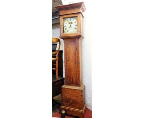 A 19th Century pine longcase clock, the 28cm painted square dial with date aperture and thirty hour bell striking movement