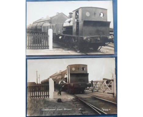 Postcards, Rail, 2 RPs of Corringham Light Railways showing loco pulling goods wagons, and same loco at level crossing (vg)
