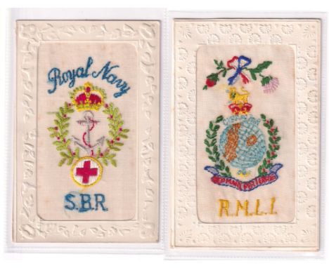 Postcards, Silks, 2 Royal Navy embroidered silk cards inc. R.M.L.I (Royal Marine Light Infantry) featuring a globe within wre
