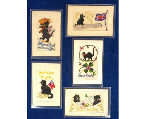 Postcards, Silks, 5 embroidered silk cards featuring black cats inc. 'Good Luck to You' with cat sitting in gun barrel; 'All 