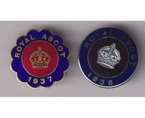Horse Racing badges, Royal Ascot, two circular enamelled Official's badges for 1937 & 1938 both with raised crown decoration 