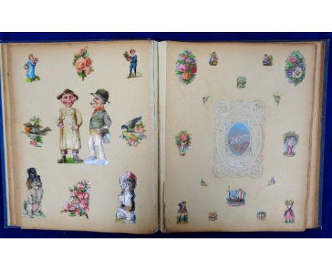Ephemera, a Victorian Scrap Album of 13 pages of scraps and greetings cards laid down double sided, subjects include anthropo