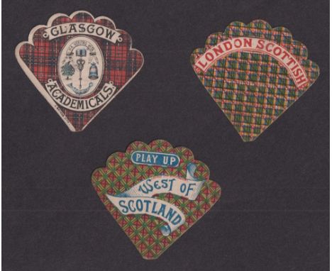 The W G McGregor Bonner Collection, Trade cards, Rugby, Baines, 3 fan shaped button hole cards for London Scottish, Glasgow A