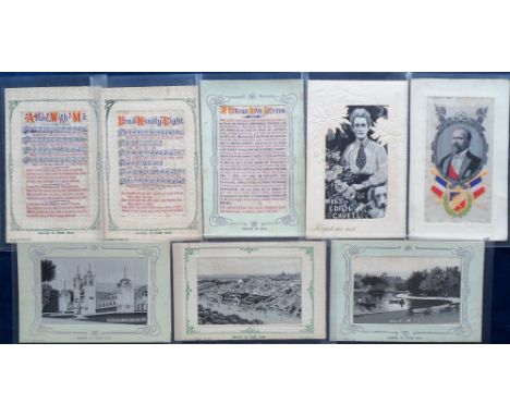 Postcards, Silks, a selection of 8 woven silks inc. Bradford Exhibition 1904 (3), French President, Edith Cavell 'Forget me N